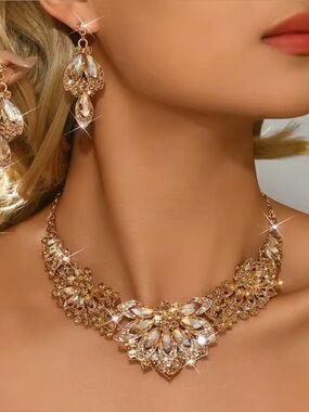 Gold Crystal Floral Statement Necklace and Earrings Set